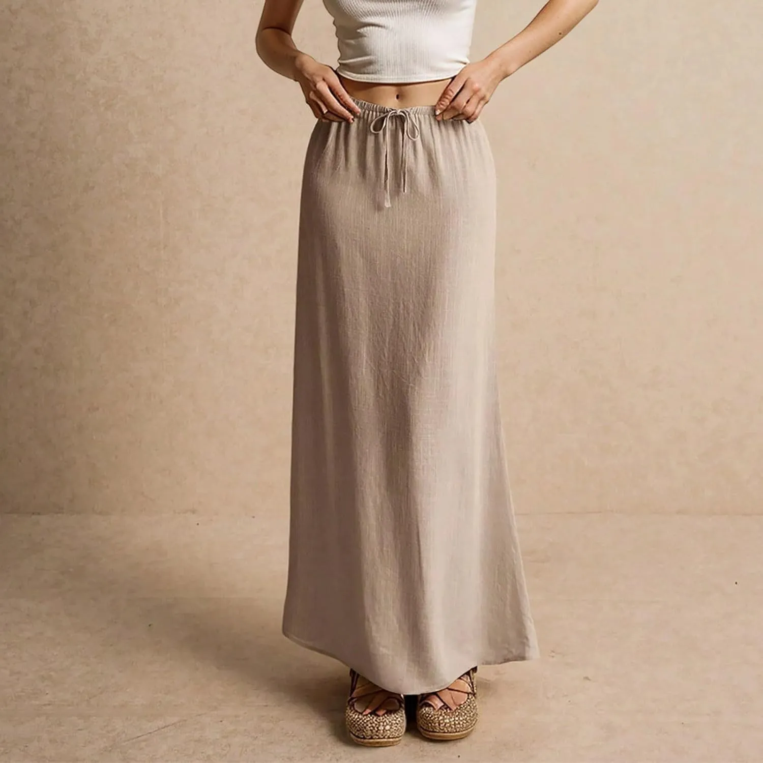 Summer Linen Maxi Skirts for Women Comfy Drawstring Waist A Line Cute Vacation Boho Long Flowy Skirt Trendy