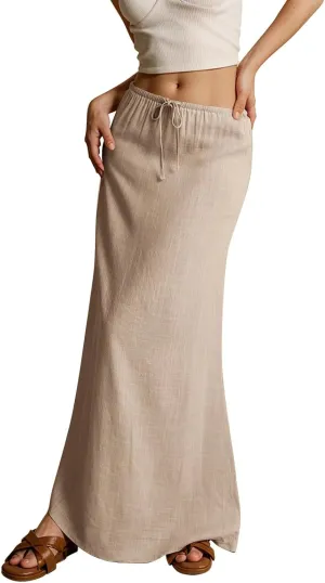 Summer Linen Maxi Skirts for Women Comfy Drawstring Waist A Line Cute Vacation Boho Long Flowy Skirt Trendy