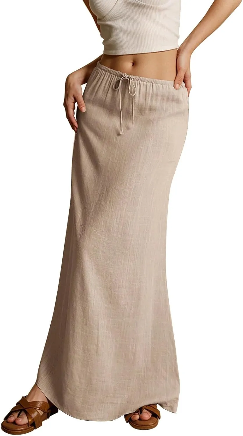 Summer Linen Maxi Skirts for Women Comfy Drawstring Waist A Line Cute Vacation Boho Long Flowy Skirt Trendy