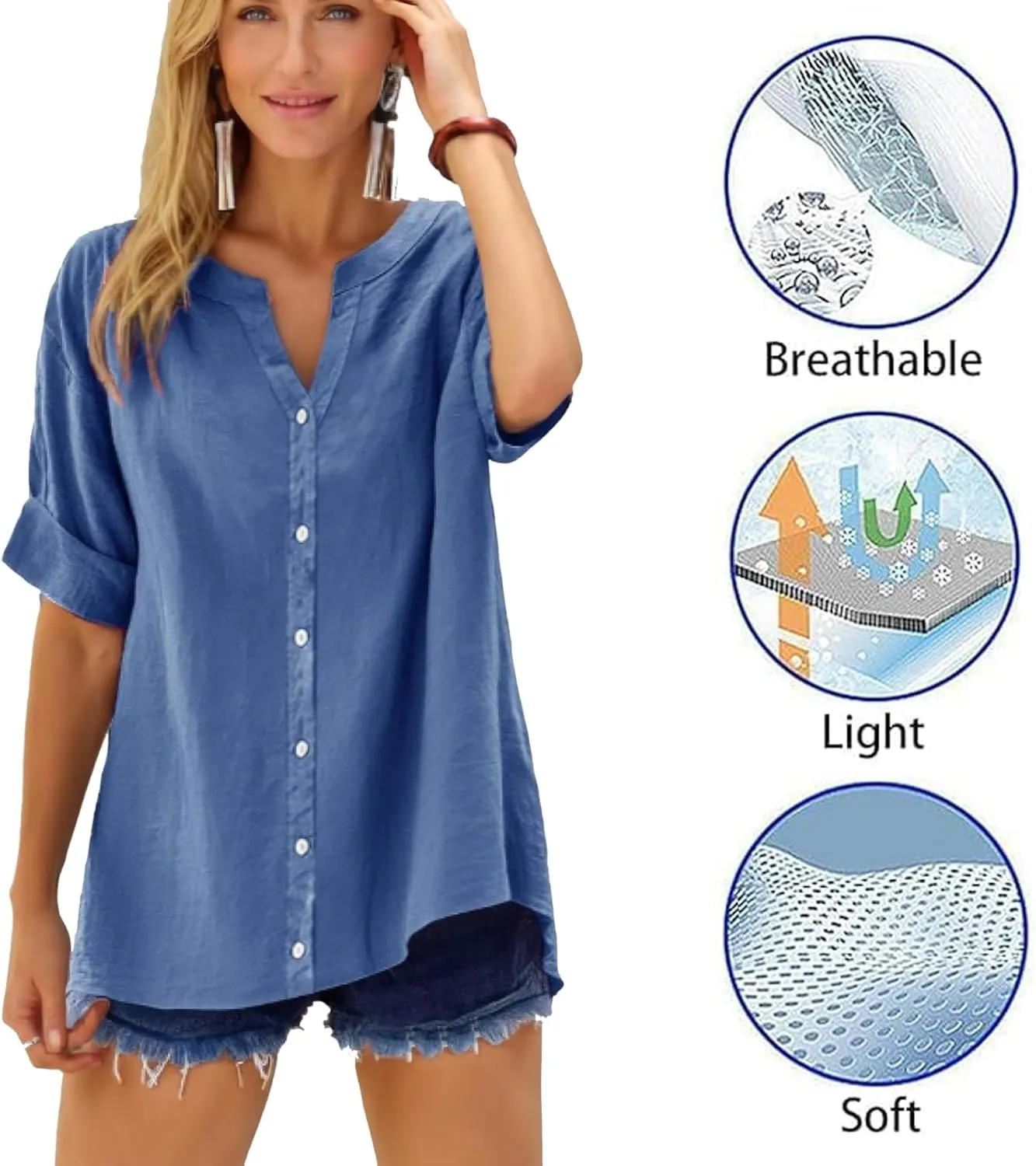 Summer Linen Work Tops for Women Trendy Button Down Plus Size V Neck Boho Clothes Spring Tops for Women 2025 Fashion