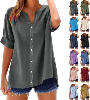 Summer Linen Work Tops for Women Trendy Button Down Plus Size V Neck Boho Clothes Spring Tops for Women 2025 Fashion