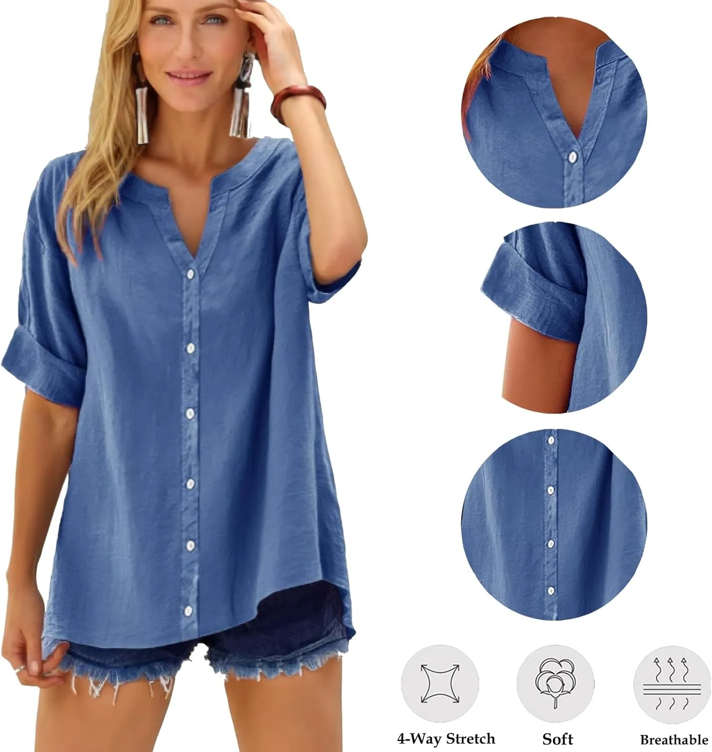 Summer Linen Work Tops for Women Trendy Button Down Plus Size V Neck Boho Clothes Spring Tops for Women 2025 Fashion