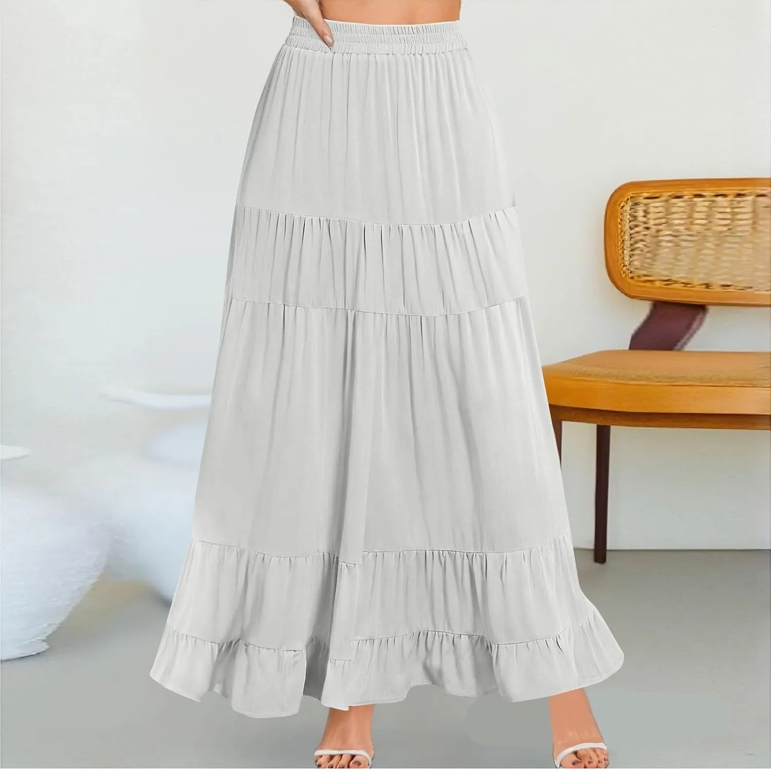 Summer Maxi Skirts for Women 2025 Long Elastic High Waisted Tiered Skirt Casual Boho Pleated A Line Beach Flowy Skirts