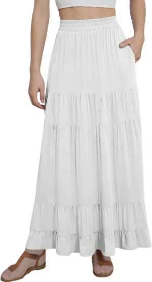 Summer Maxi Skirts for Women 2025 Long Elastic High Waisted Tiered Skirt Casual Boho Pleated A Line Beach Flowy Skirts