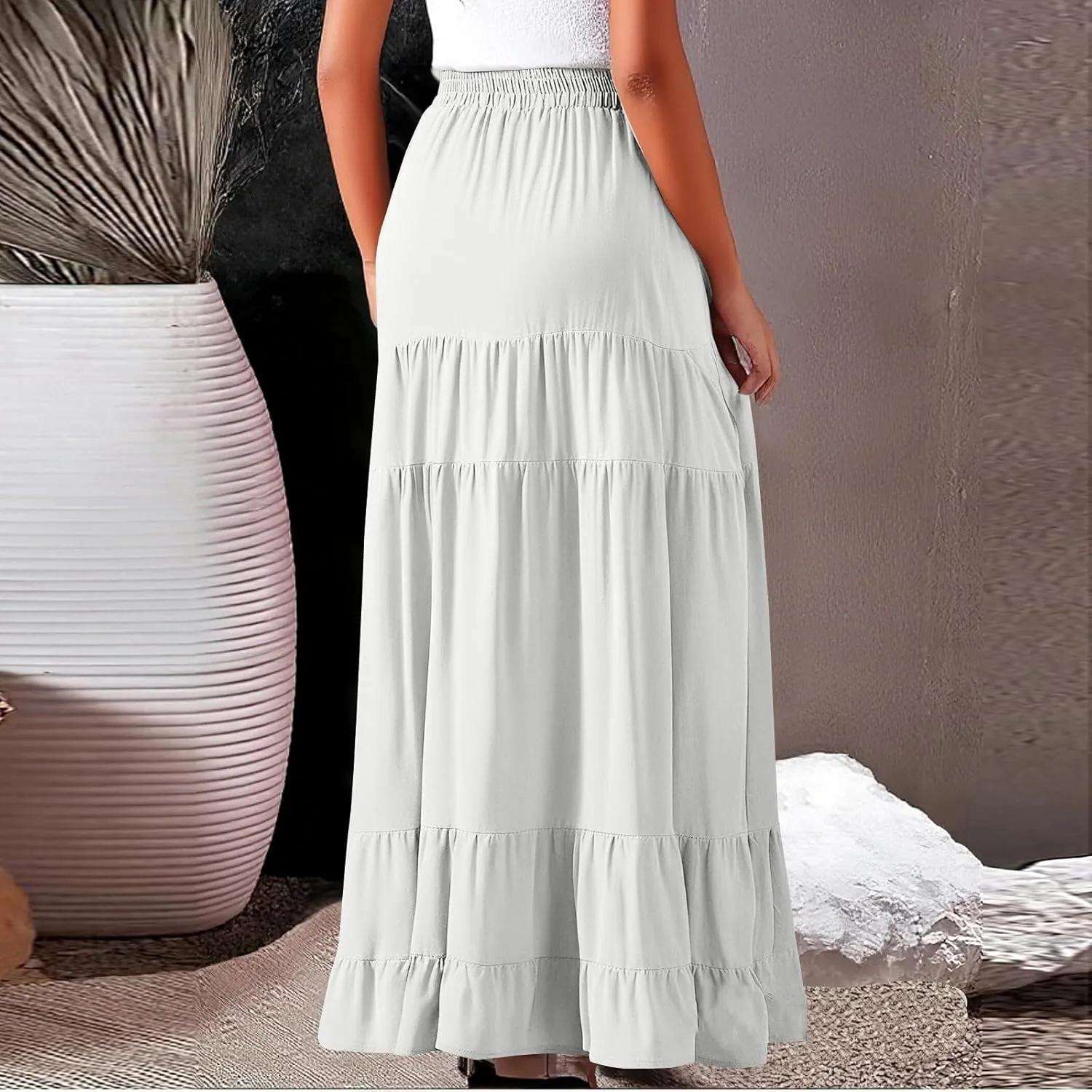 Summer Maxi Skirts for Women 2025 Long Elastic High Waisted Tiered Skirt Casual Boho Pleated A Line Beach Flowy Skirts