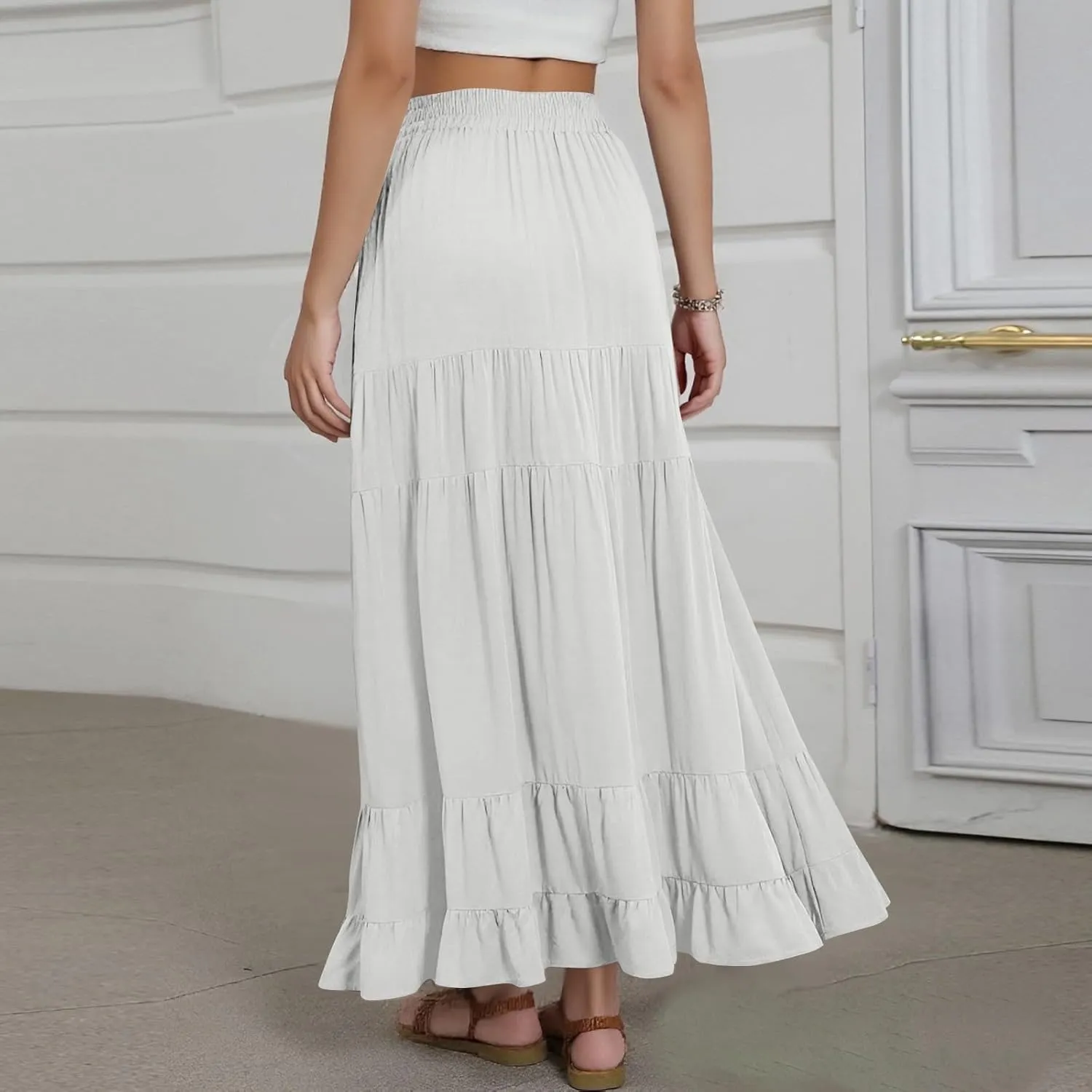 Summer Maxi Skirts for Women 2025 Long Elastic High Waisted Tiered Skirt Casual Boho Pleated A Line Beach Flowy Skirts