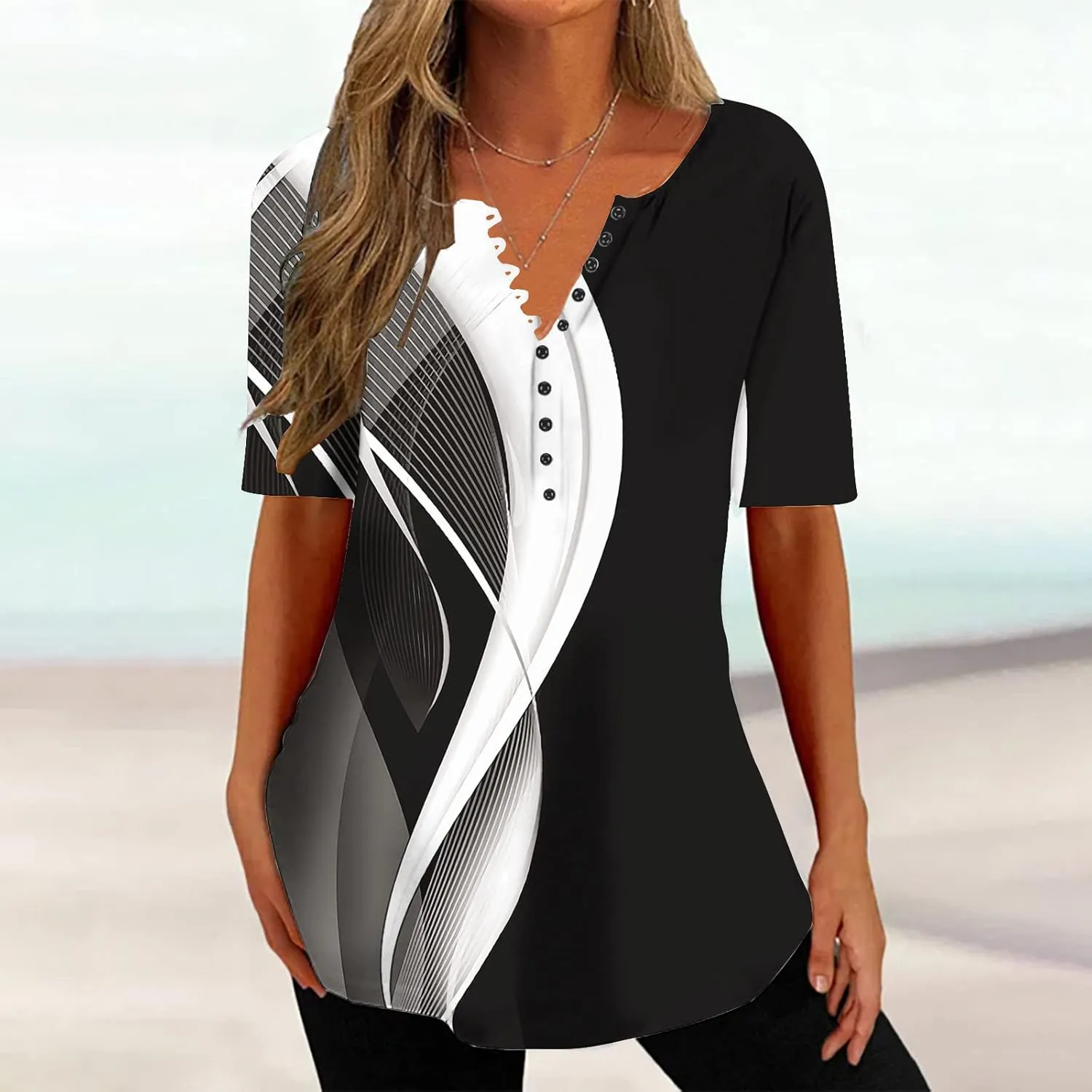 Summer Shirts for Women 2025 Plus Size Short Sleeve Henley Tops Marble Floral Loose Tshirt Tee Casual Dressy Tunics