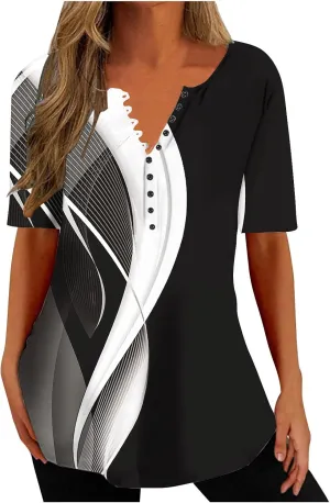 Summer Shirts for Women 2025 Plus Size Short Sleeve Henley Tops Marble Floral Loose Tshirt Tee Casual Dressy Tunics