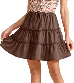 Summer Skirts for Women Cotton Ruffle Elastic Waist A-Line Casual Short Skirt Vacation Cute Midi Skorts
