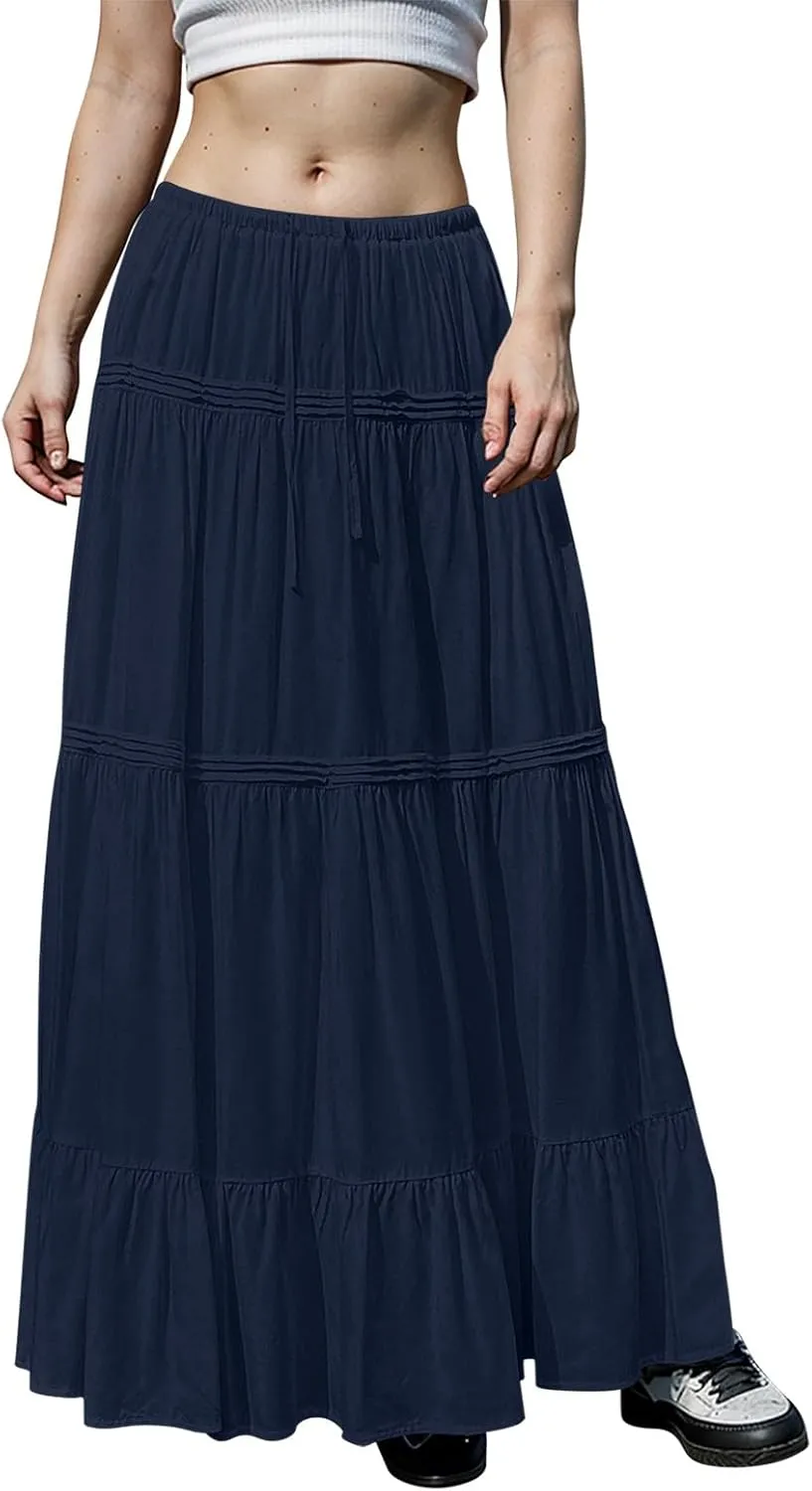 Summer Skirts for Women Trendy Drawstring Waisted Flowy Tiered Linen Maxi Skirt Pleated Ruffled A-Line Long Skirts