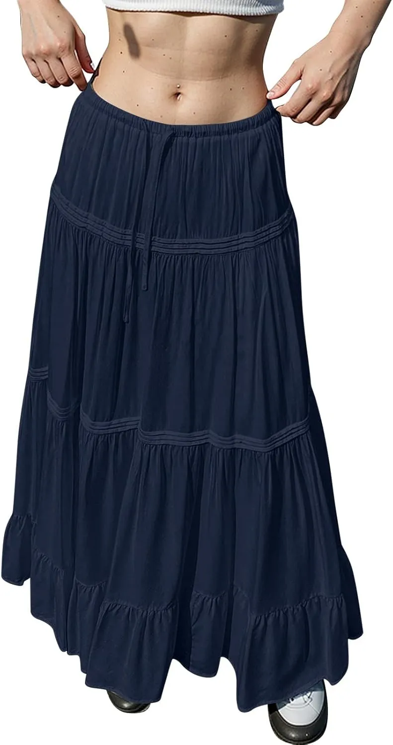 Summer Skirts for Women Trendy Drawstring Waisted Flowy Tiered Linen Maxi Skirt Pleated Ruffled A-Line Long Skirts