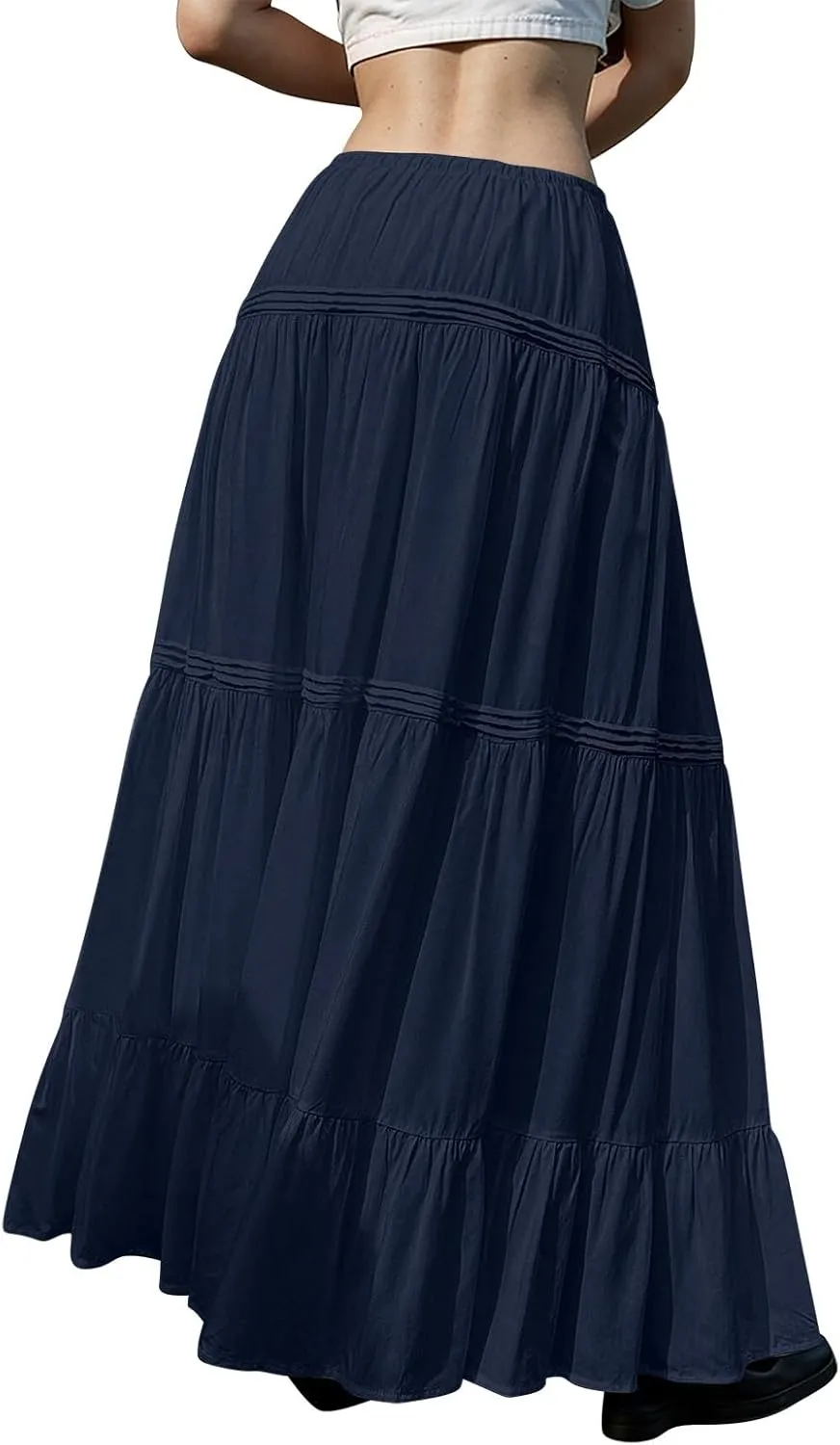 Summer Skirts for Women Trendy Drawstring Waisted Flowy Tiered Linen Maxi Skirt Pleated Ruffled A-Line Long Skirts