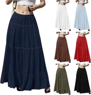 Summer Skirts for Women Trendy Drawstring Waisted Flowy Tiered Linen Maxi Skirt Pleated Ruffled A-Line Long Skirts