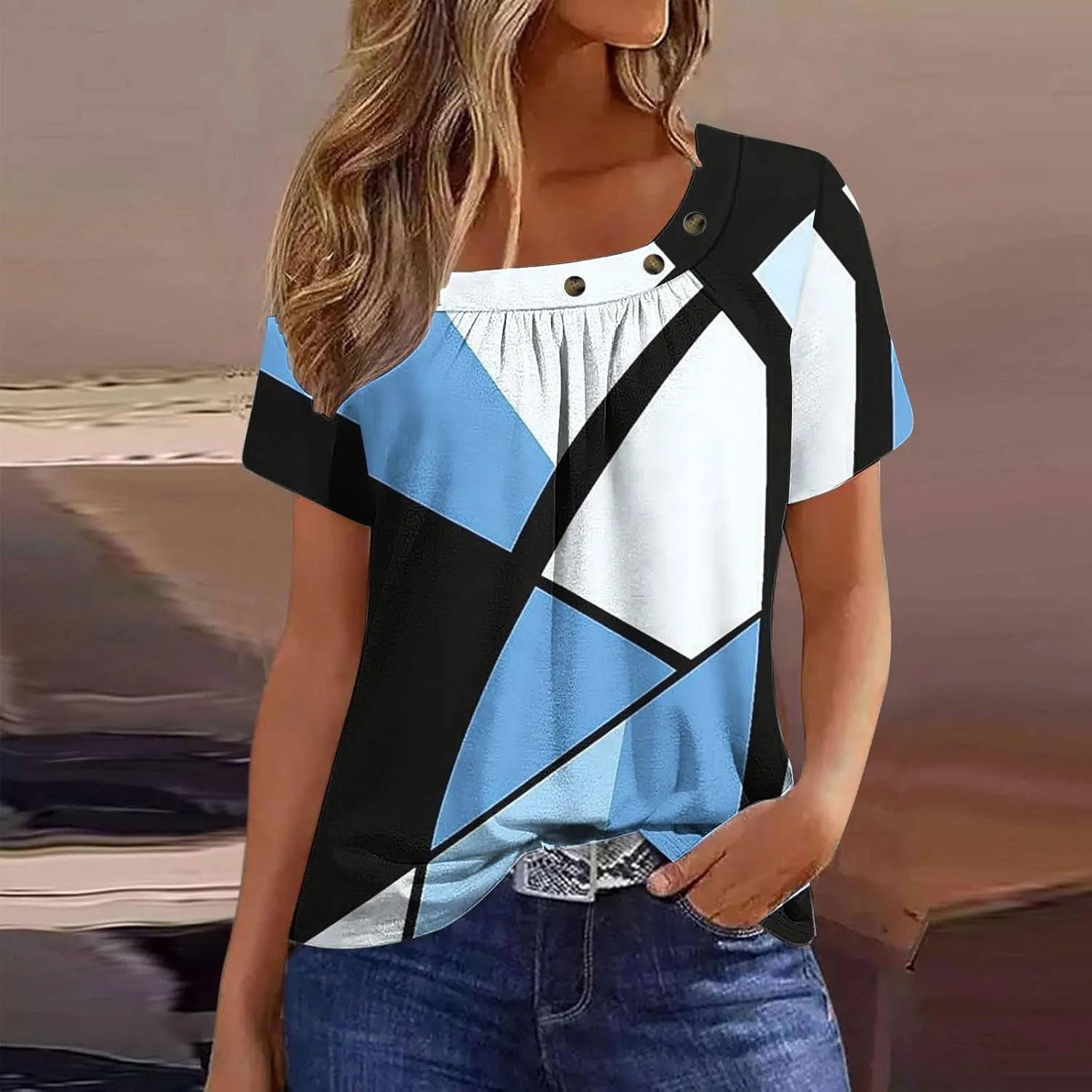 Summer Tops for Women 2025 Trendy Square Neck Blouse Tees Retro Floral Print Short Sleeve Tshirt Dressy Casual Shirts