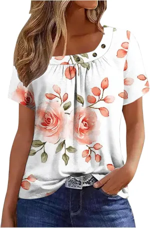 Summer Tops for Women 2025 Trendy Square Neck Blouse Tees Retro Floral Print Short Sleeve Tshirt Dressy Casual Shirts