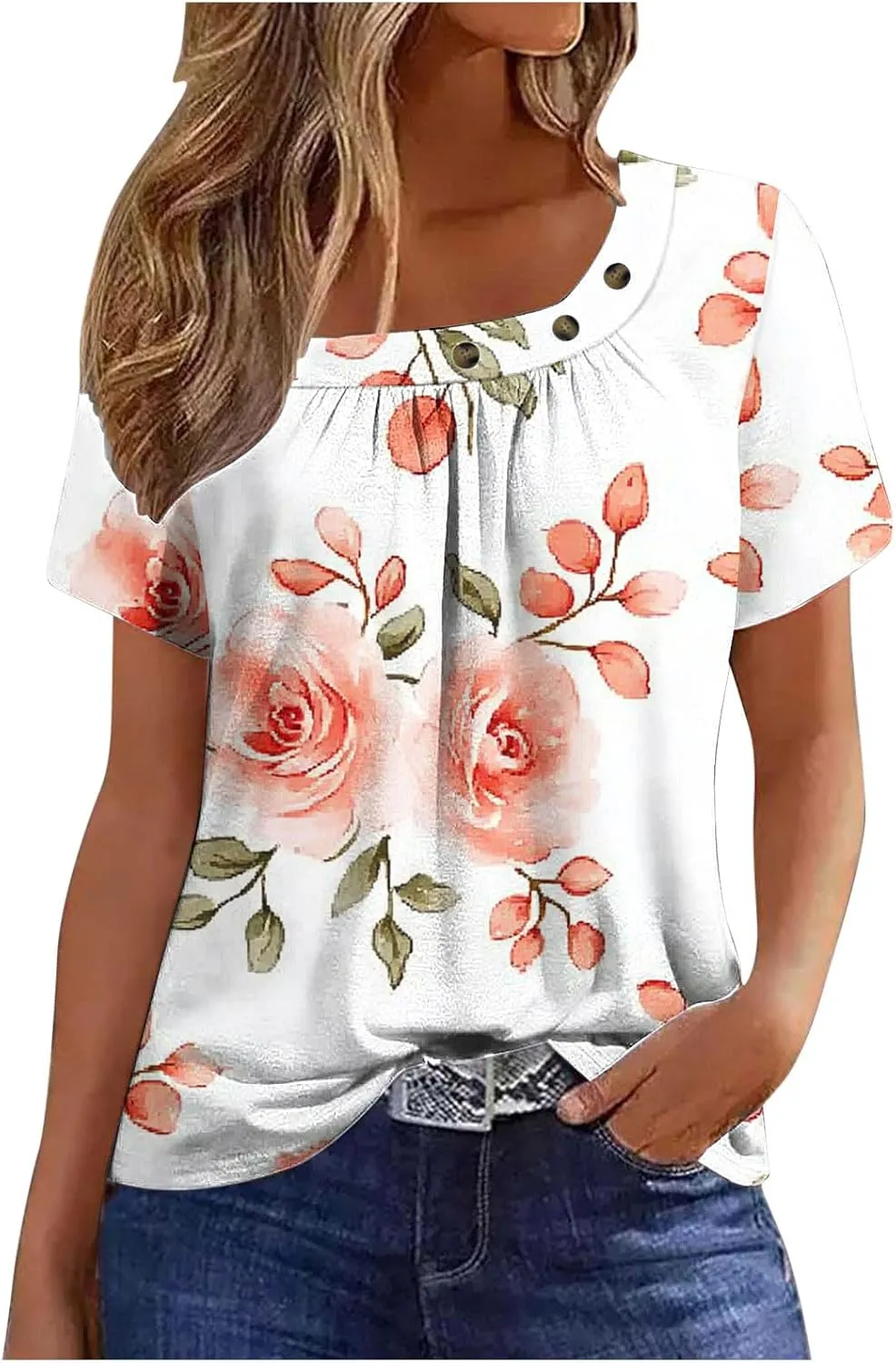Summer Tops for Women 2025 Trendy Square Neck Blouse Tees Retro Floral Print Short Sleeve Tshirt Dressy Casual Shirts