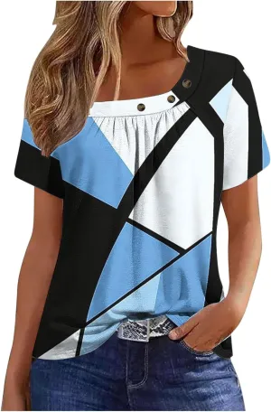 Summer Tops for Women 2025 Trendy Square Neck Blouse Tees Retro Floral Print Short Sleeve Tshirt Dressy Casual Shirts