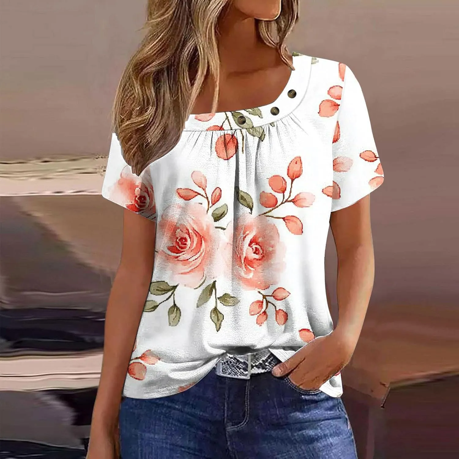 Summer Tops for Women 2025 Trendy Square Neck Blouse Tees Retro Floral Print Short Sleeve Tshirt Dressy Casual Shirts