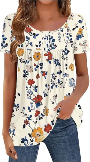 Summer Tunic Tops for Women 2025 Casual Short Sleeve Buttons Tshirts Pleated Henley Shirts Floral Print Ladies Blouse