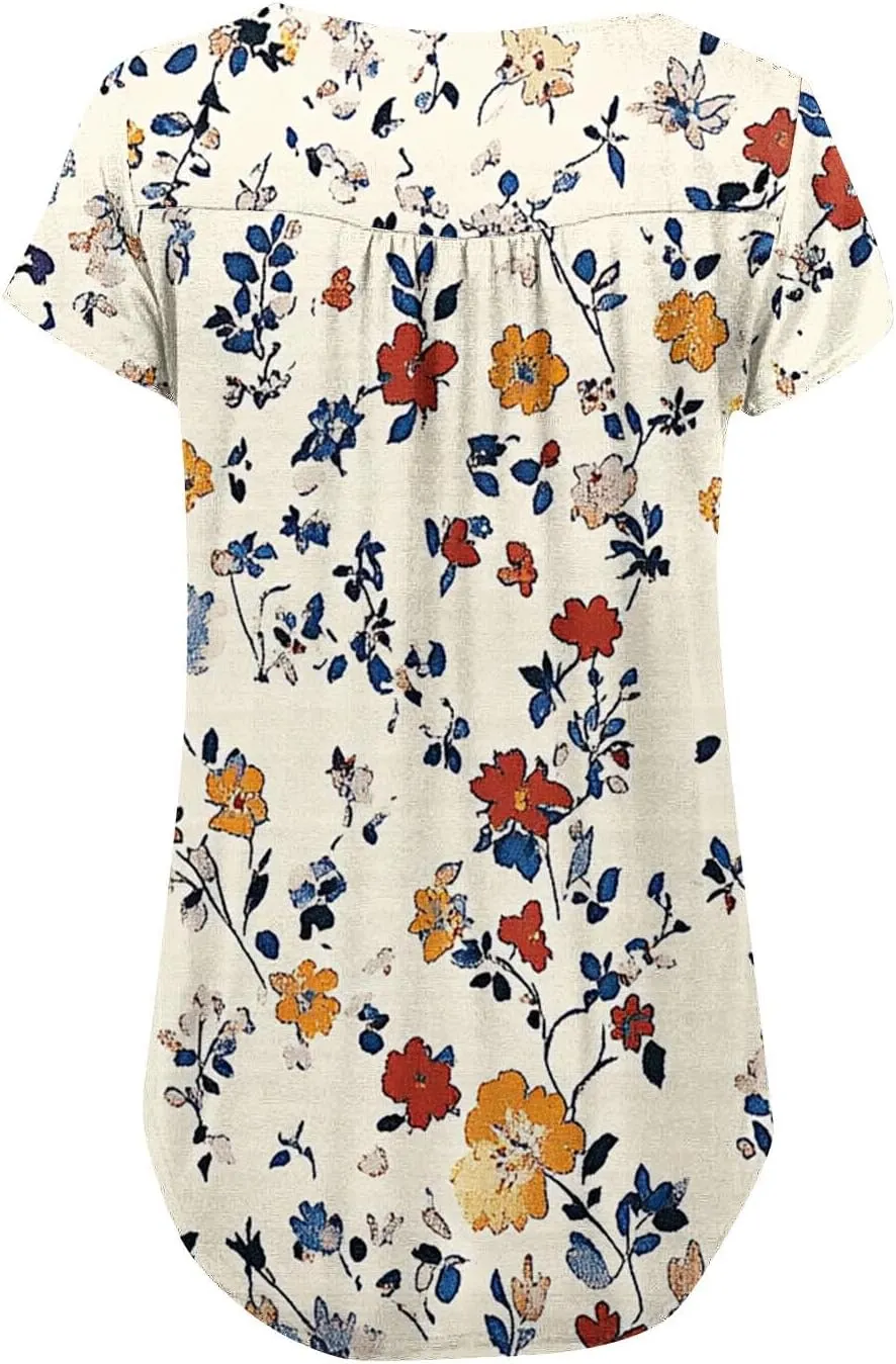 Summer Tunic Tops for Women 2025 Casual Short Sleeve Buttons Tshirts Pleated Henley Shirts Floral Print Ladies Blouse