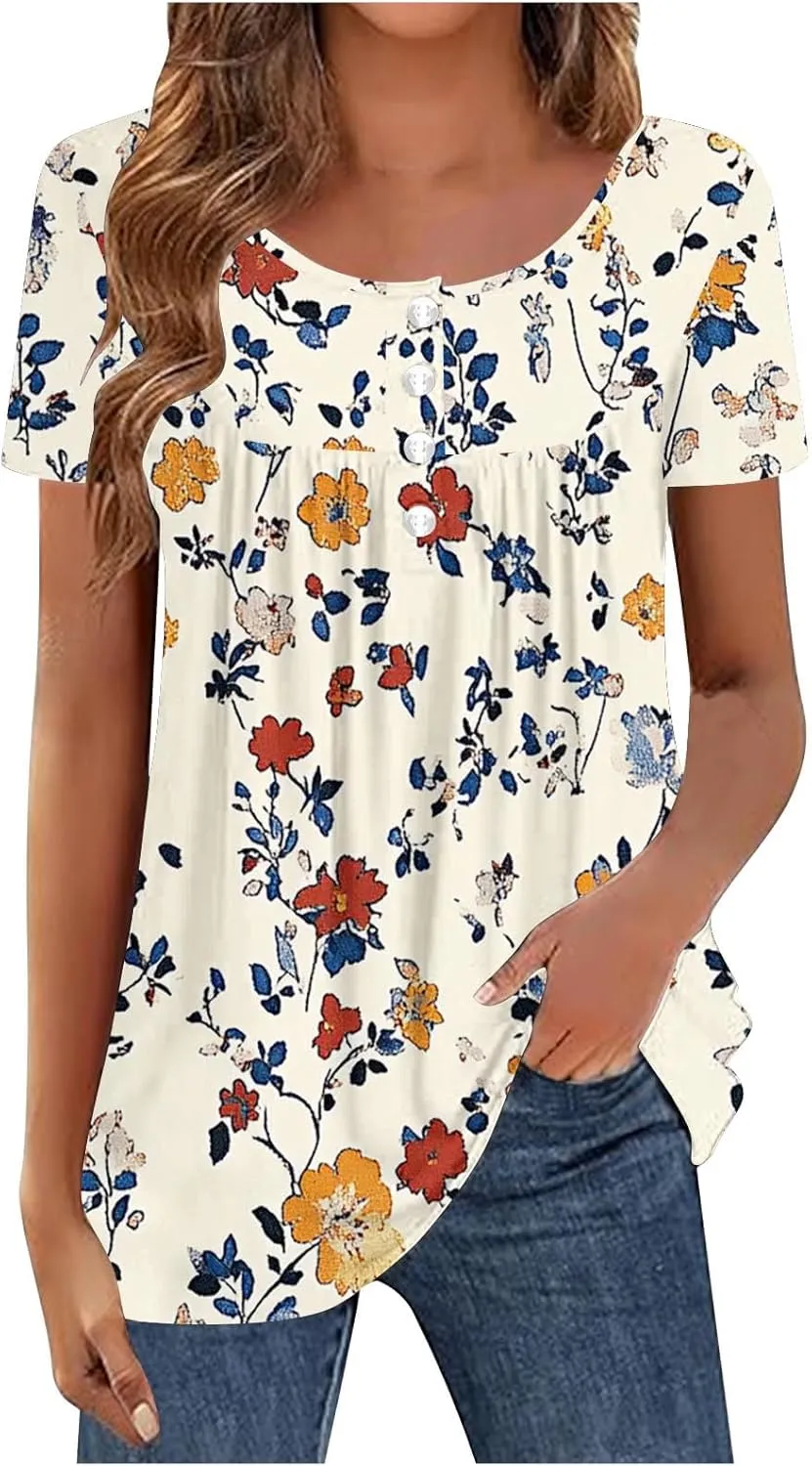 Summer Tunic Tops for Women 2025 Casual Short Sleeve Buttons Tshirts Pleated Henley Shirts Floral Print Ladies Blouse