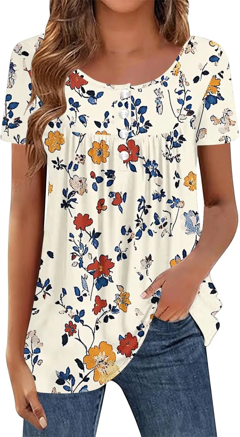 Summer Tunic Tops for Women 2025 Casual Short Sleeve Buttons Tshirts Pleated Henley Shirts Floral Print Ladies Blouse