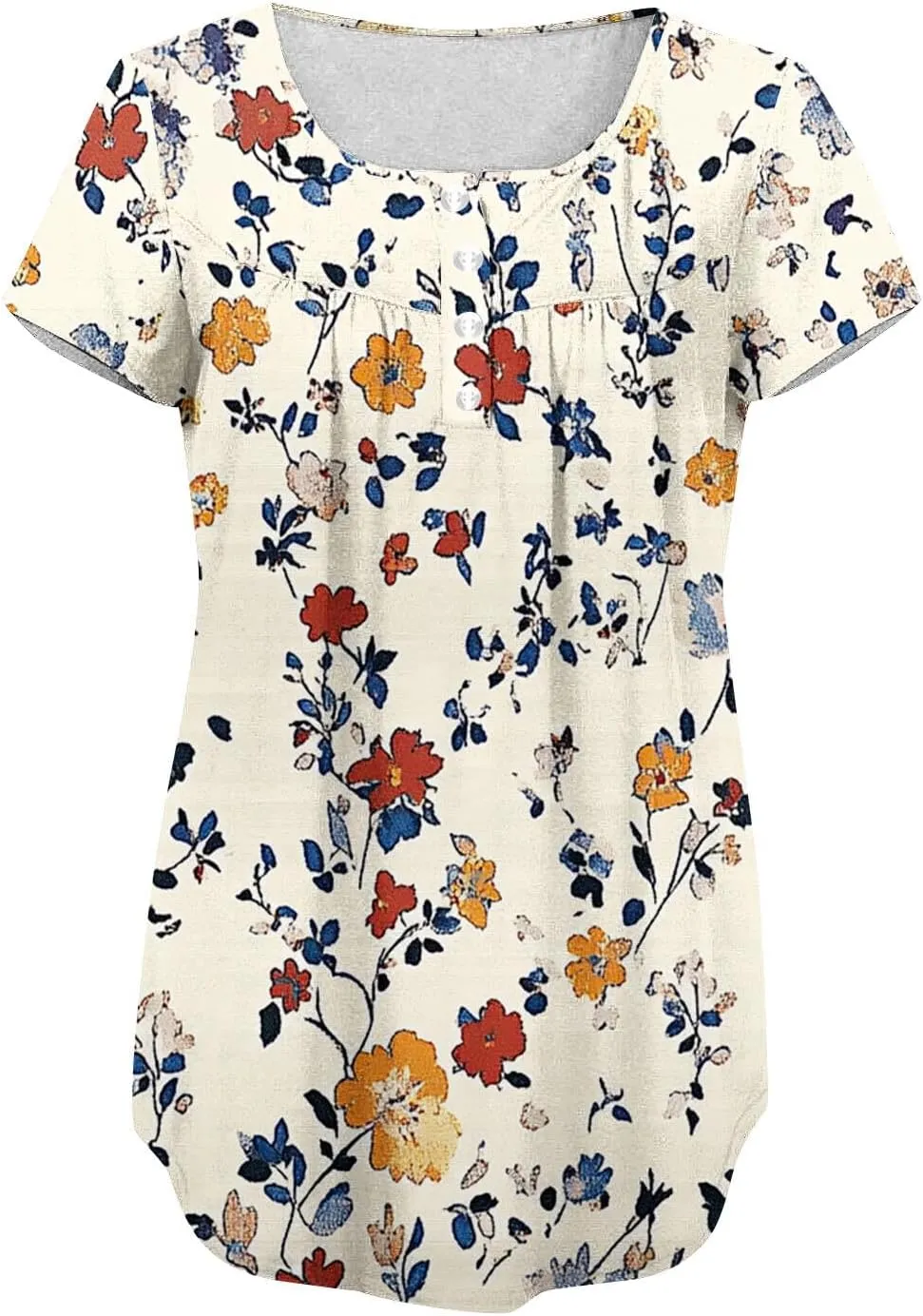 Summer Tunic Tops for Women 2025 Casual Short Sleeve Buttons Tshirts Pleated Henley Shirts Floral Print Ladies Blouse