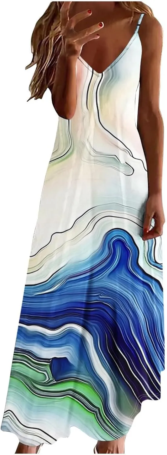Sun Dresses for Women 2025 Flower Pattern Print Maxi Dresses Sleeveless Fashion Boho Beach Dresses