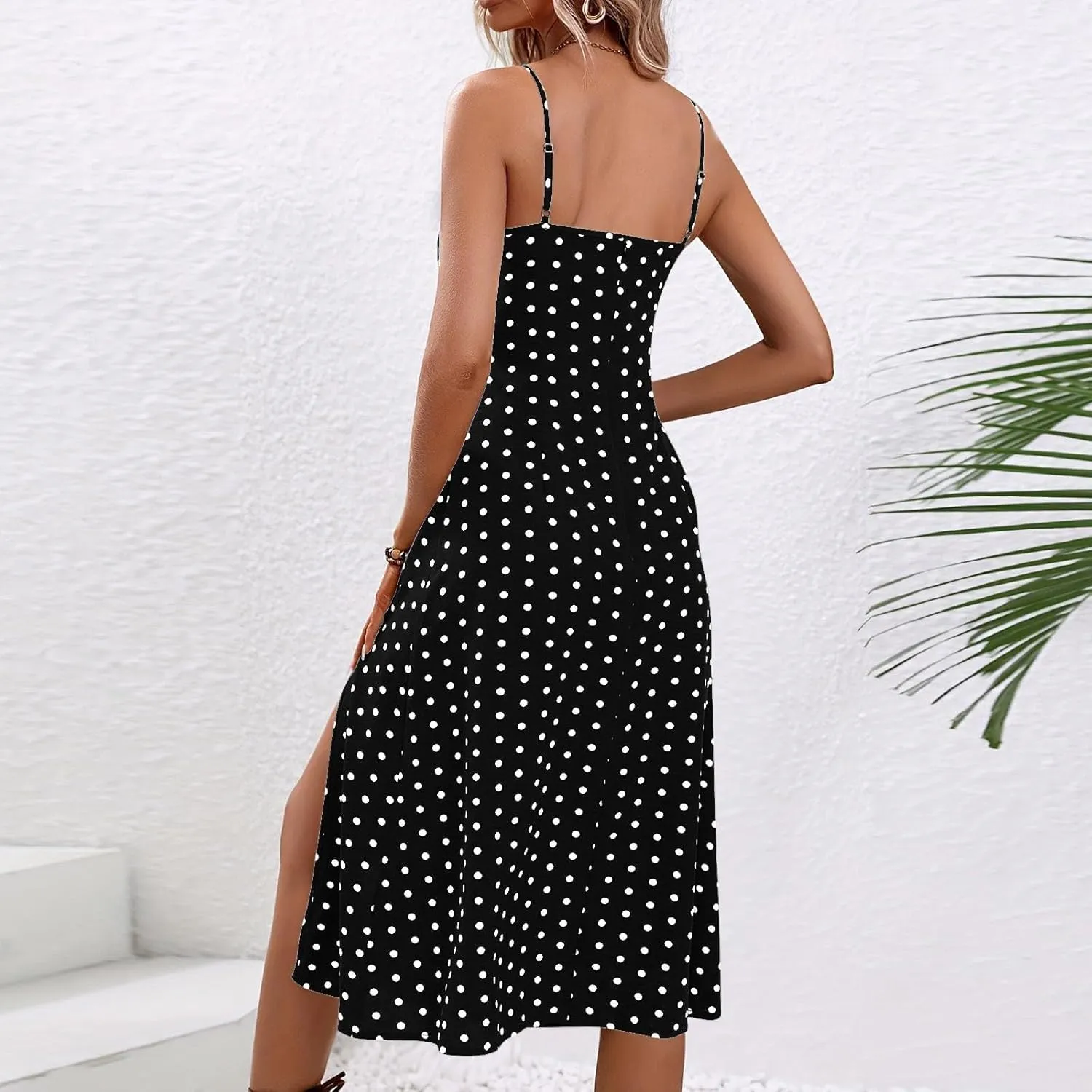Sundresses for Women 2025 Summer Polka Dot Slit Midi Dress Sleeveless Spaghetti Strap Dresses Beach Vacation Dress