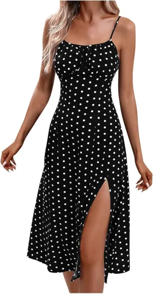 Sundresses for Women 2025 Summer Polka Dot Slit Midi Dress Sleeveless Spaghetti Strap Dresses Beach Vacation Dress