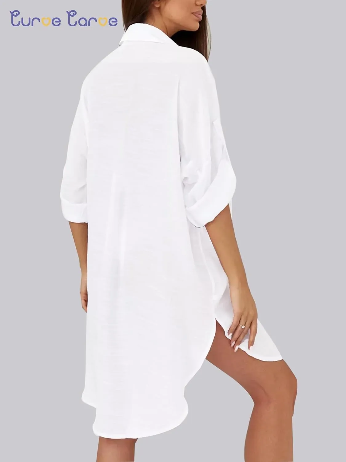 Swimsuit Coverup for Women V Neck Shirt Dress Bathing Suit Beach Cover Up 3/4 Sleeve Chiffon Cover Up S-XXL