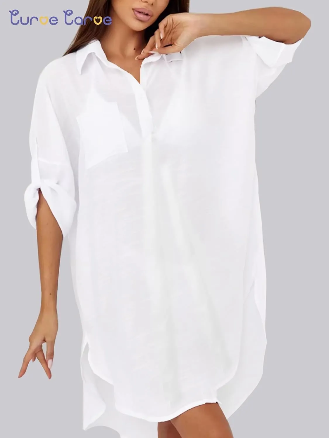 Swimsuit Coverup for Women V Neck Shirt Dress Bathing Suit Beach Cover Up 3/4 Sleeve Chiffon Cover Up S-XXL