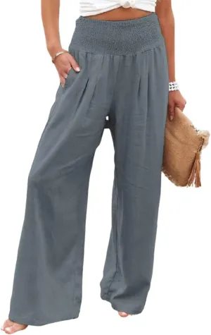 sysinside Womens Cotton Linen Pants Wide Leg High Waist Long Palazzo Trousers with Pocket