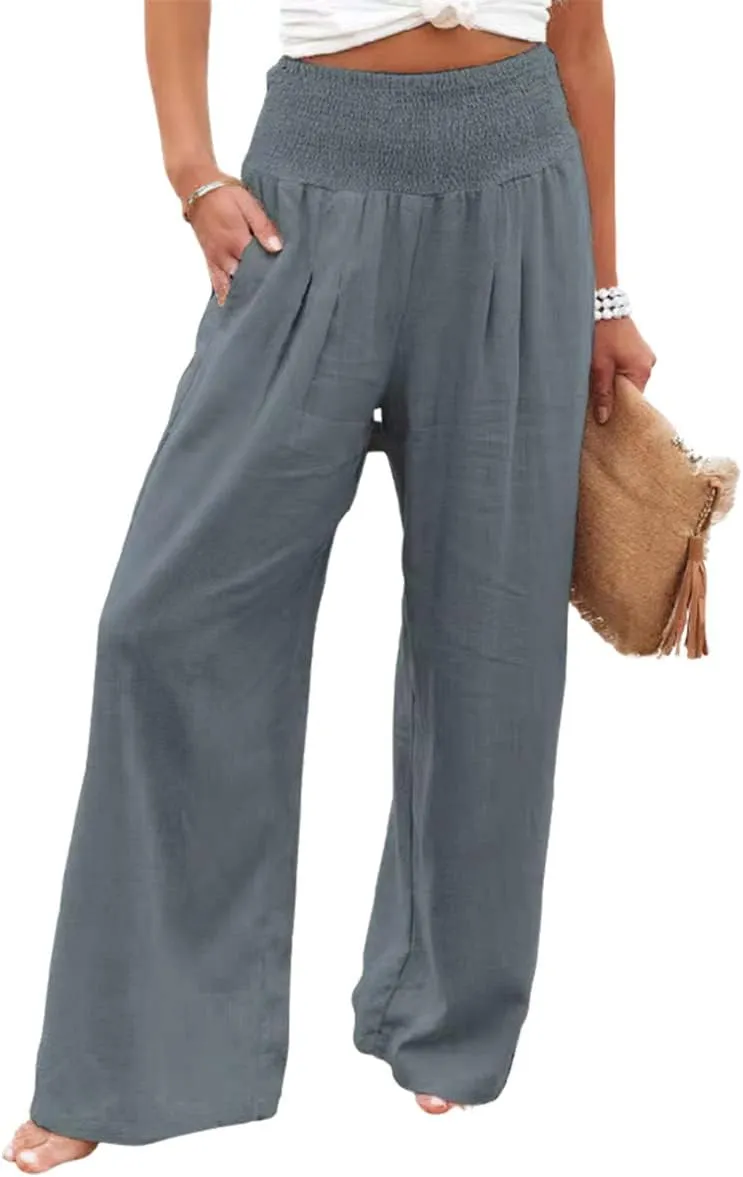 sysinside Womens Cotton Linen Pants Wide Leg High Waist Long Palazzo Trousers with Pocket