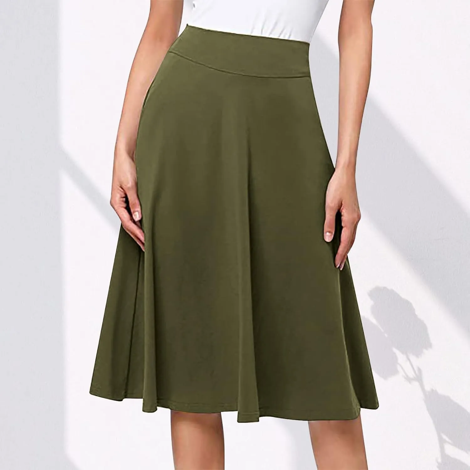 TANGNADE Plus Size Midi Skirt Summer Elastic High Waisted A-Line Flowy Below Knee Skirts Flare A-Line Skirt Business Casual
