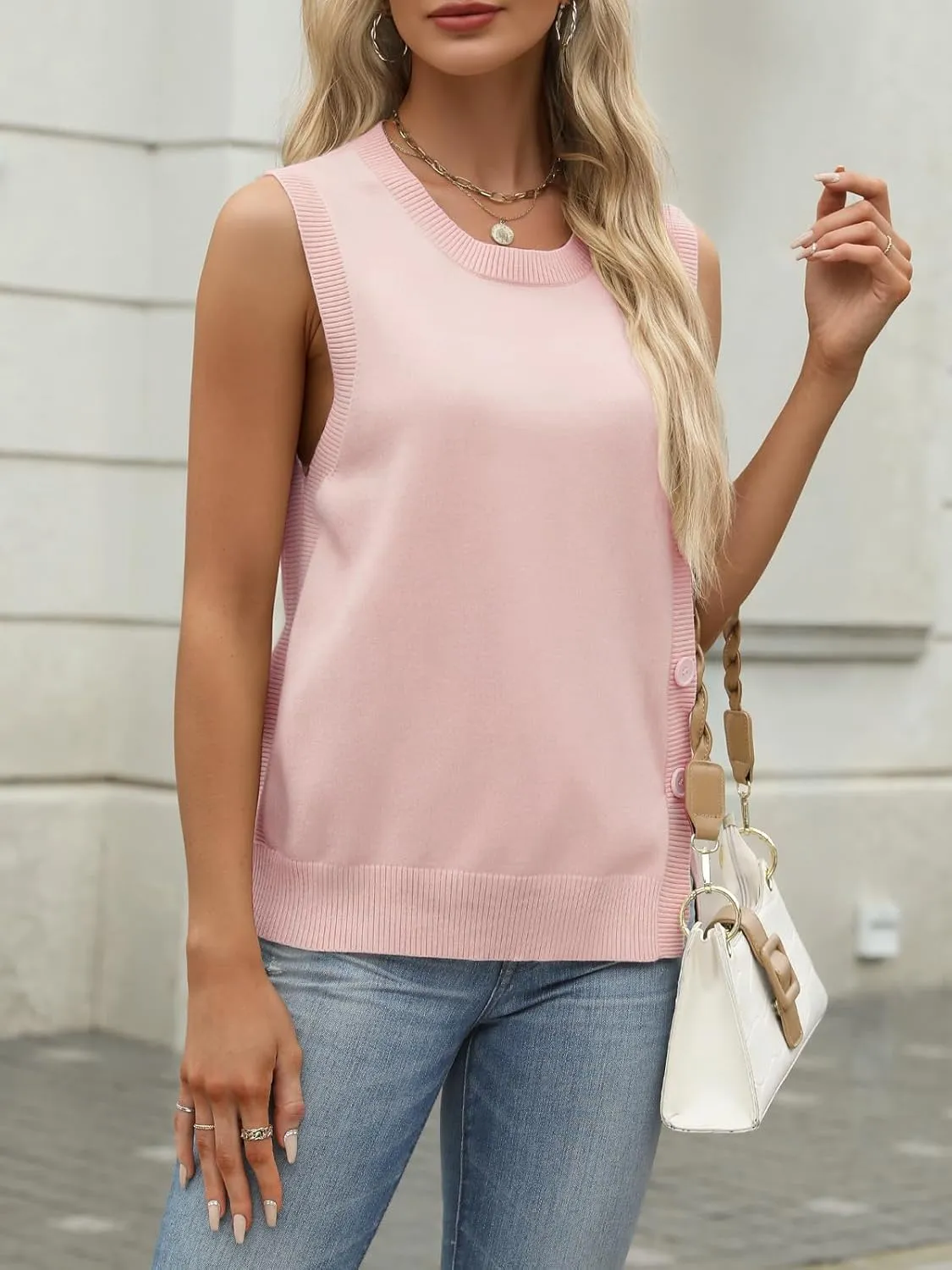Tanou 2024 Women's Crewneck Sweater Vests Sleeveless Casual Slit Pullovers Solid Ribbed Knitwear Button Tops