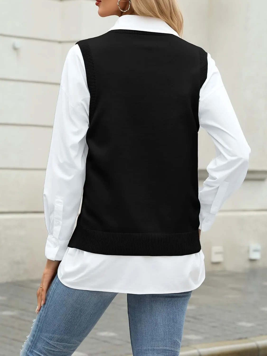 Tanou 2024 Women's Crewneck Sweater Vests Sleeveless Casual Slit Pullovers Solid Ribbed Knitwear Button Tops
