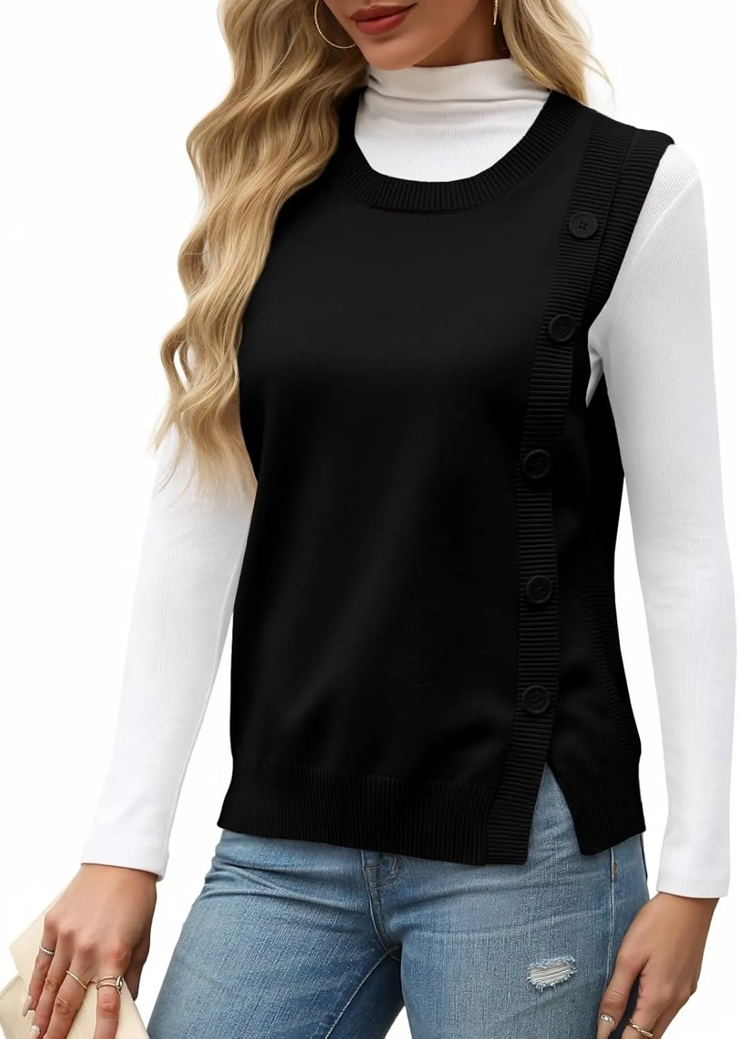 Tanou 2024 Women's Crewneck Sweater Vests Sleeveless Casual Slit Pullovers Solid Ribbed Knitwear Button Tops