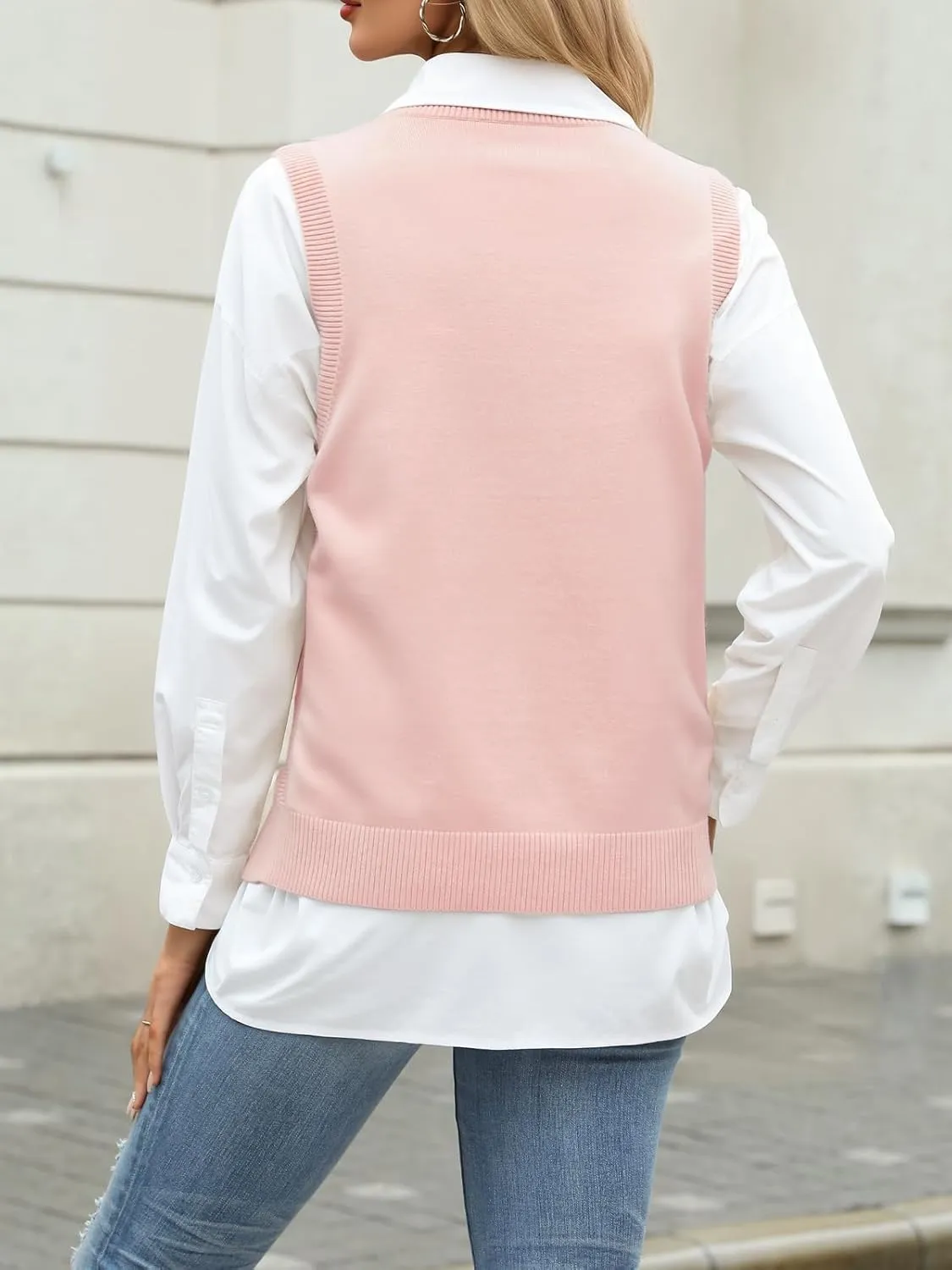 Tanou 2024 Women's Crewneck Sweater Vests Sleeveless Casual Slit Pullovers Solid Ribbed Knitwear Button Tops