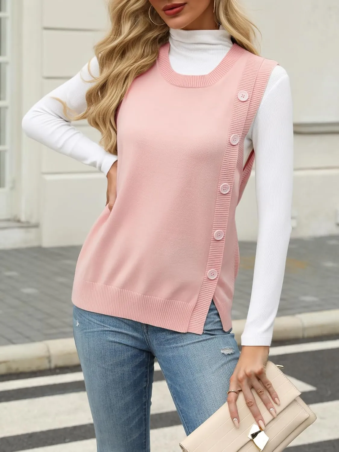 Tanou 2024 Women's Crewneck Sweater Vests Sleeveless Casual Slit Pullovers Solid Ribbed Knitwear Button Tops