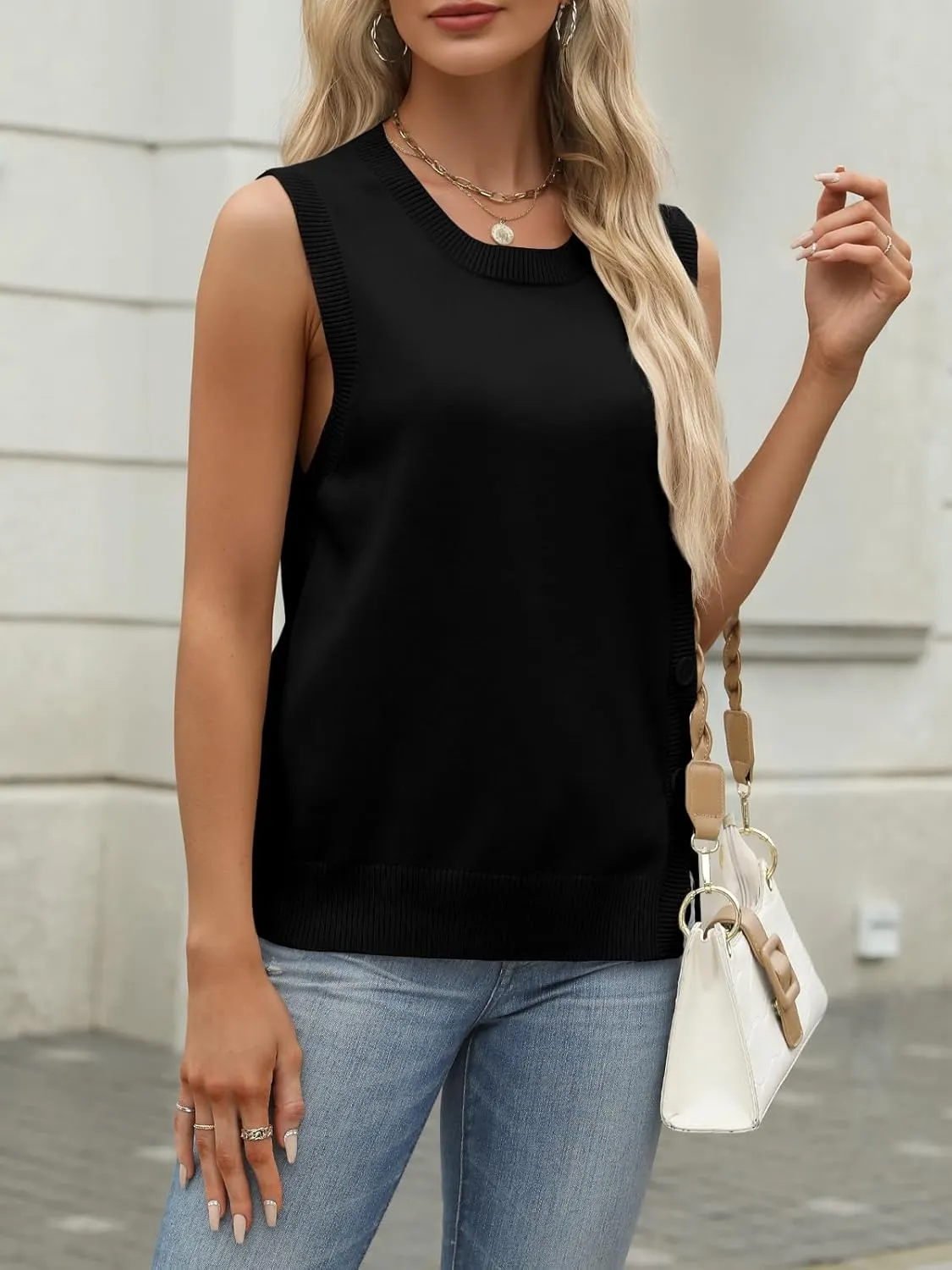 Tanou 2024 Women's Crewneck Sweater Vests Sleeveless Casual Slit Pullovers Solid Ribbed Knitwear Button Tops