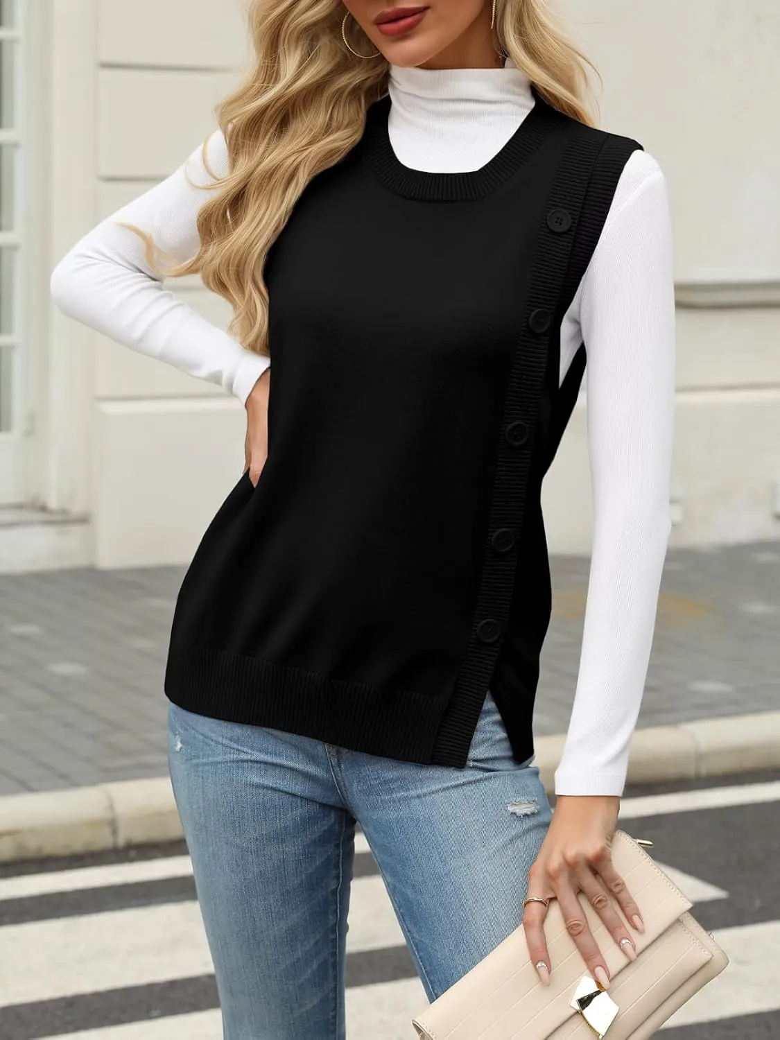 Tanou 2024 Women's Crewneck Sweater Vests Sleeveless Casual Slit Pullovers Solid Ribbed Knitwear Button Tops