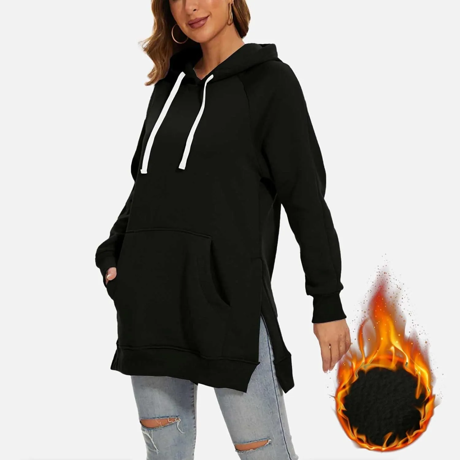 The Warmys Oversized Hoodie Dress, Sherpa Lined Long Sleeve Split Hem Valentines Day Pullover Sweatshirts with Pocket