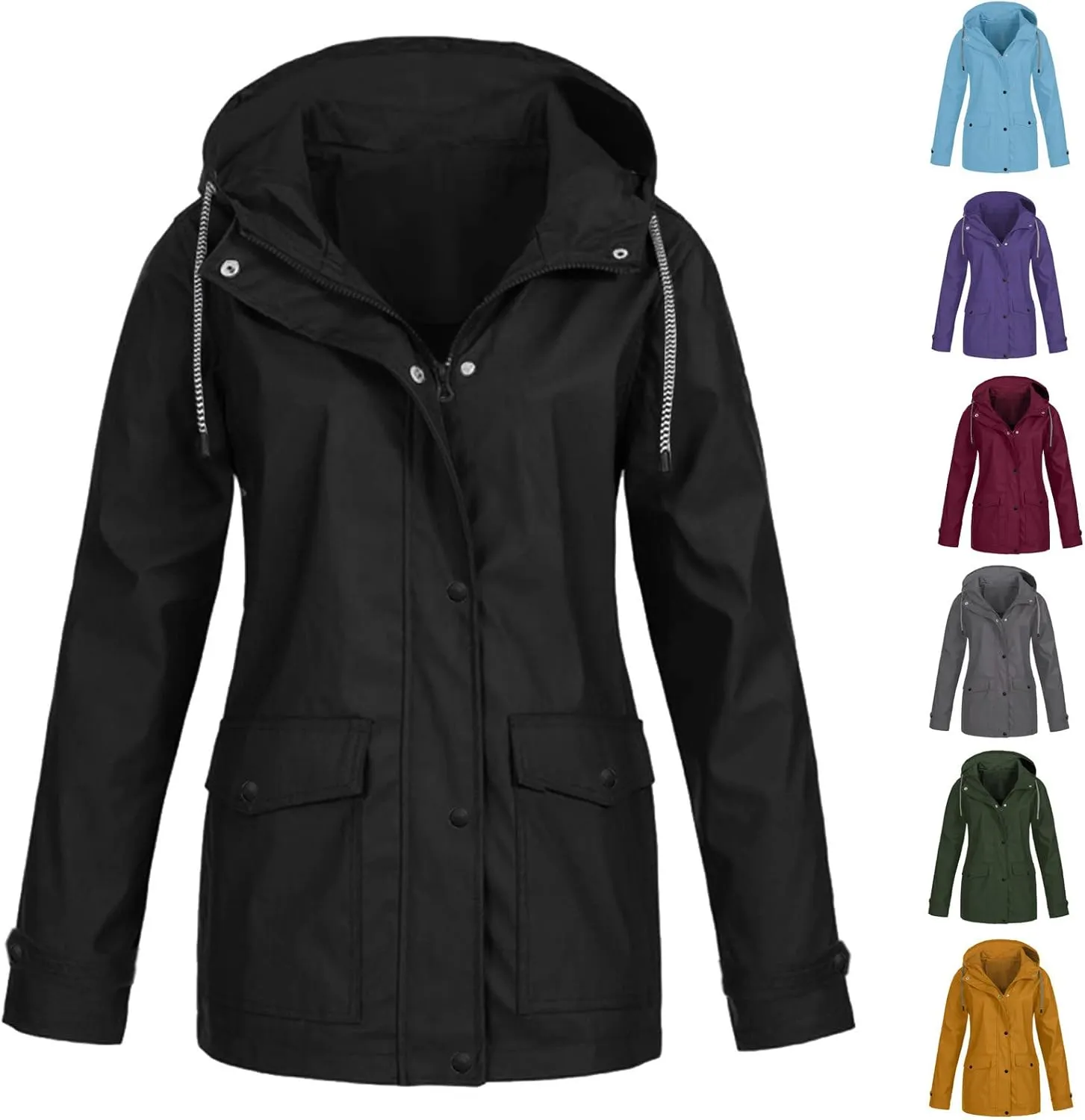 TIMIFIS Plus Size Rain Coats for Women with Hood Waterproof Lightweight Rain Jacket Zip Up Outdoor Windbreaker with Pocket