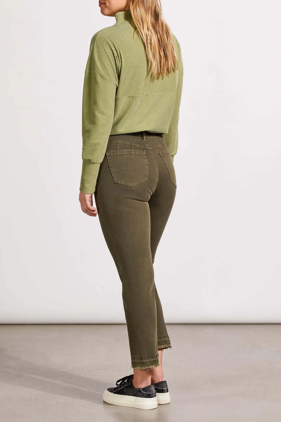 Tribal Sophia Curvy Hugging Microflare Crop Pant in Olive