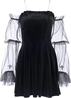 TSMNZMU Gothic Mini Dress for Women Velvet Off Shoulder Fairy Lolita Dresses Sexy Lantern Sleeve Witchy Dress Emo Alt Dress