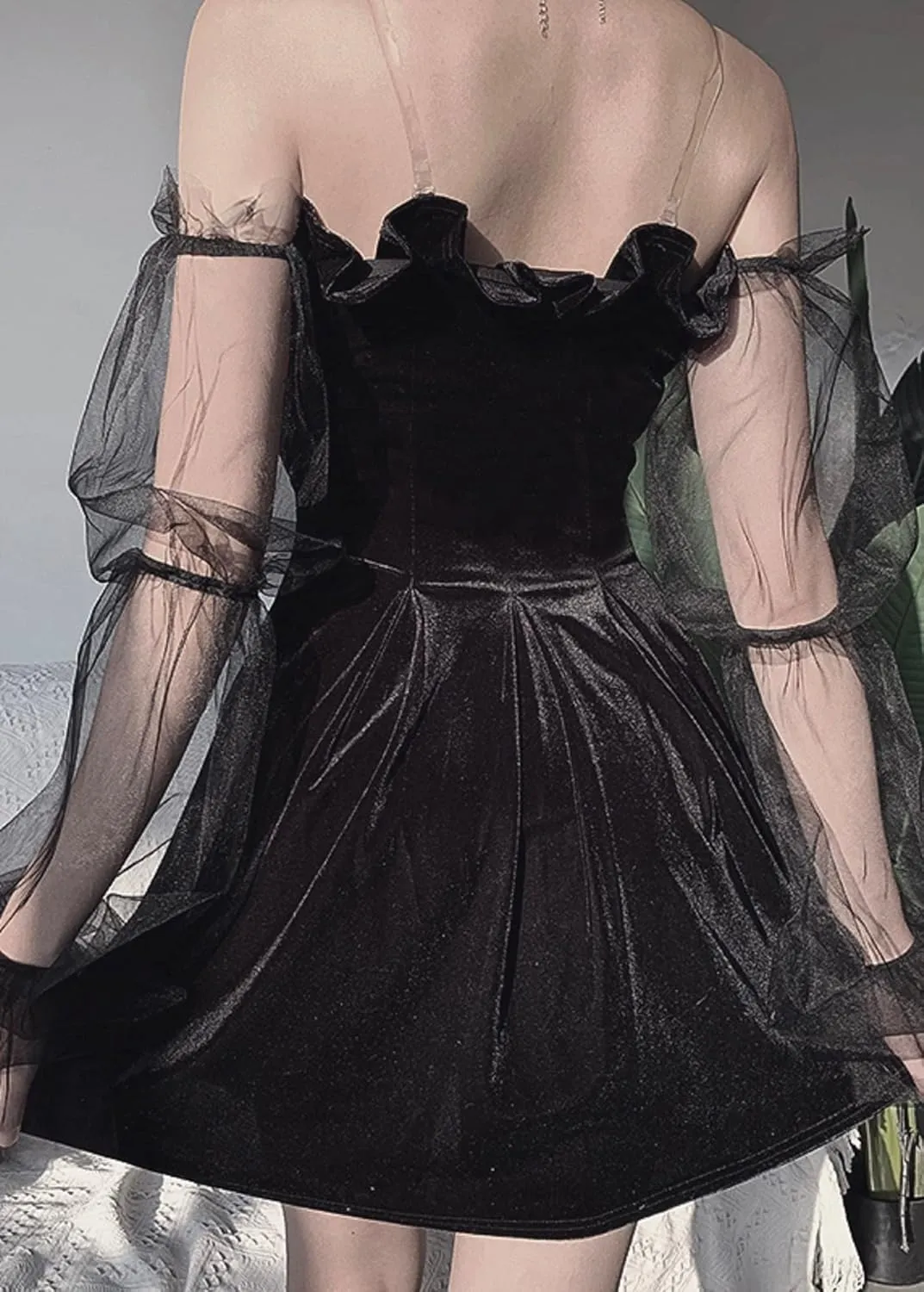 TSMNZMU Gothic Mini Dress for Women Velvet Off Shoulder Fairy Lolita Dresses Sexy Lantern Sleeve Witchy Dress Emo Alt Dress