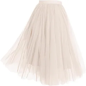 Tulle Midi Skirts for Women 2025 Summer Elastic High Waisted Swing A-Line Tiered Pleated Skirt