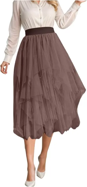 Tulle Skirts for Women Midi Length Summer Pleated Tiered Flowy Asymmetrical Skirt Elastic High Waisted Vacation Mesh Skirts