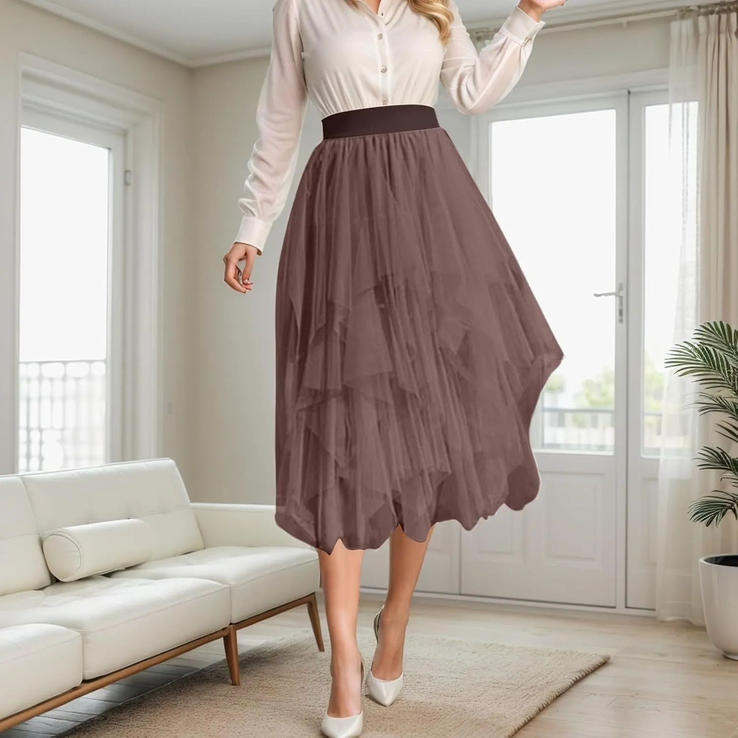 Tulle Skirts for Women Midi Length Summer Pleated Tiered Flowy Asymmetrical Skirt Elastic High Waisted Vacation Mesh Skirts